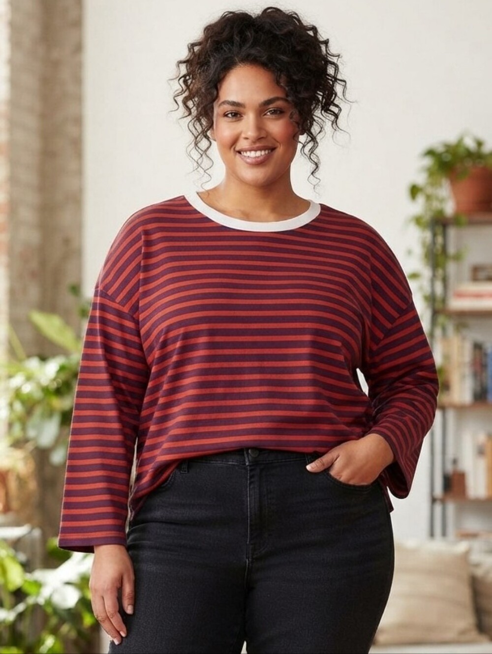 Free Assembly Red Deep Purple Striped Long Sleeve Top Plus Sz 3X Good Condition